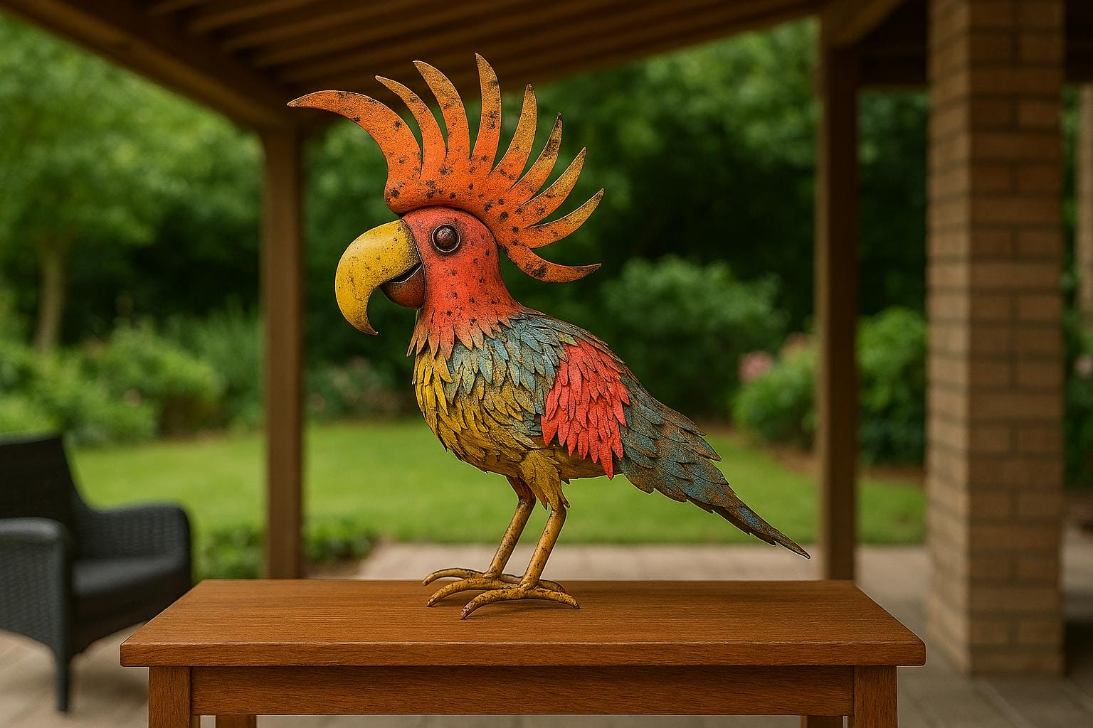 Metalen Kaketoe Beeld. voorbeeld in tuin.